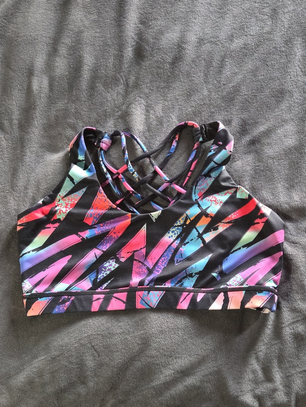 Constantly Varied Gear Black Sports Bra with Pink & Purple Neon Print Retro